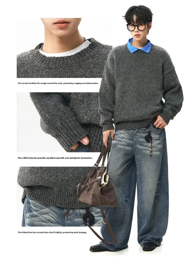 Men's oversized round neck pullover sweater by TrendLux Wear in warm polyester knit, available in three colors.