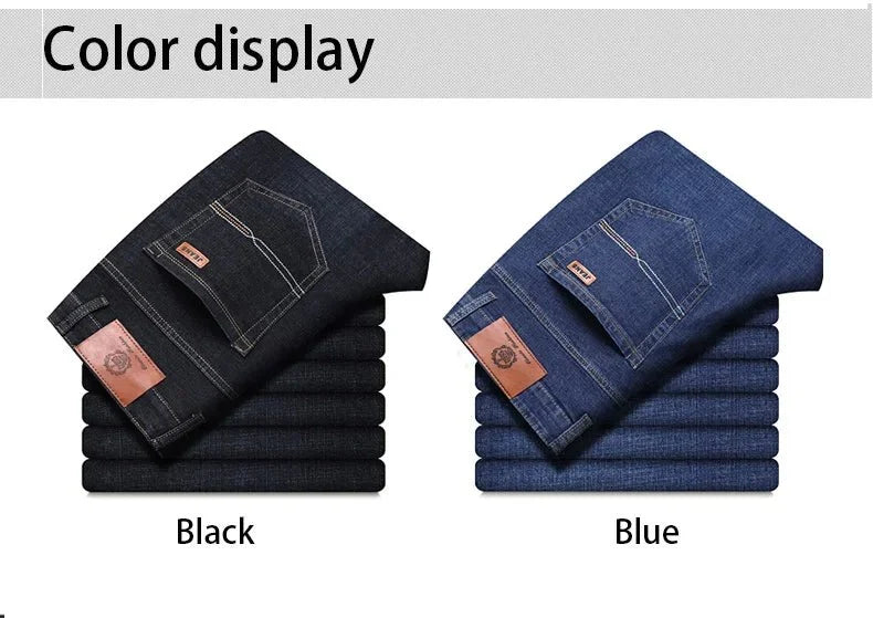 Men's black slim fit biker jeans by TrendLux Wear, straight leg style, showing front view with pockets and belt loops.
