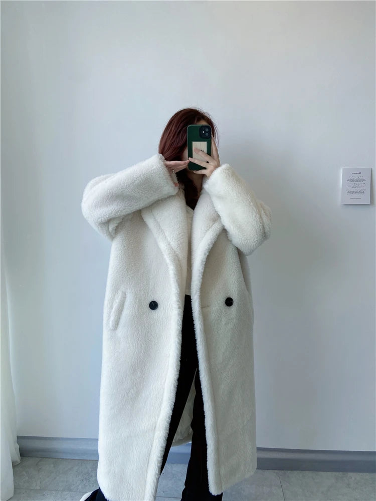 Winter Jacket Women Long Coat  Wool Woven Fabric Thick Warm Outerwear Oversize Fashion Streetwear Teddy Bear Coats
