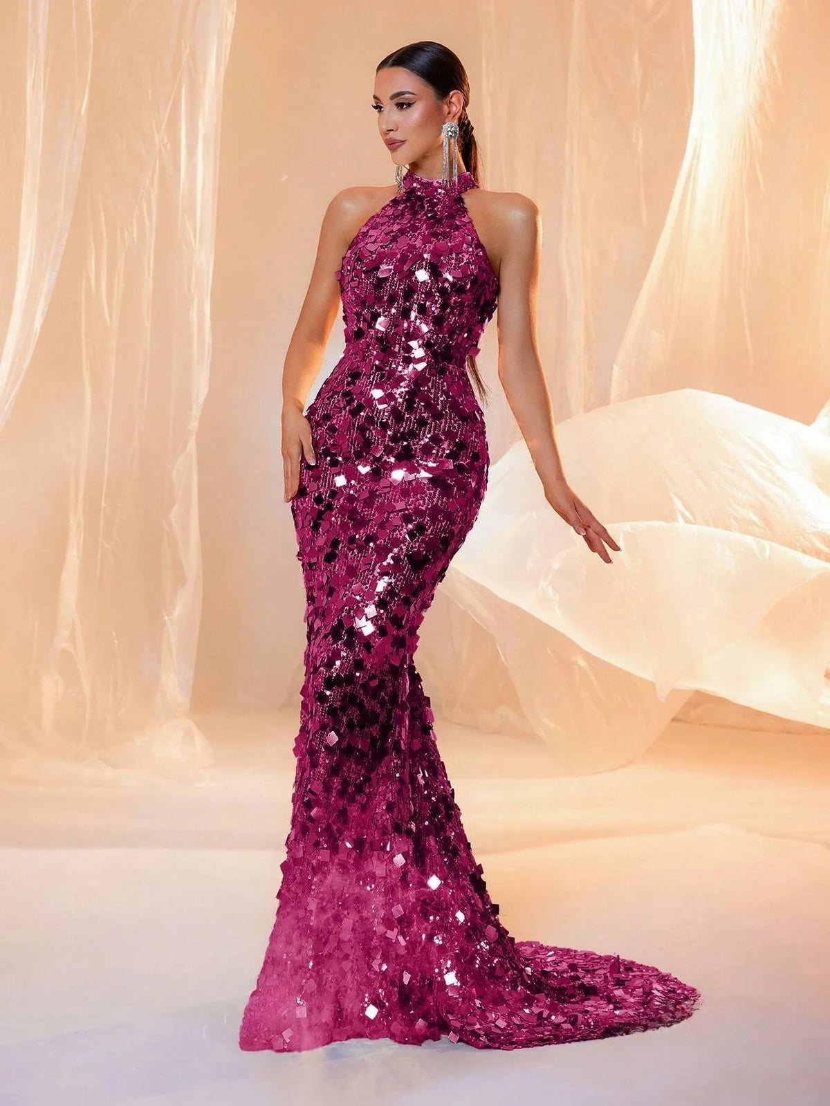 Brown Sequin Halter Backless Maxi Evening Dress - TrendLux Wear