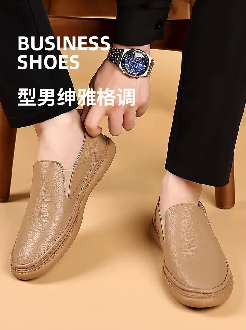 Men's genuine leather casual loafers by TrendLux Wear, breathable solid color slip-on flat shoes with a sleek, comfortable design.