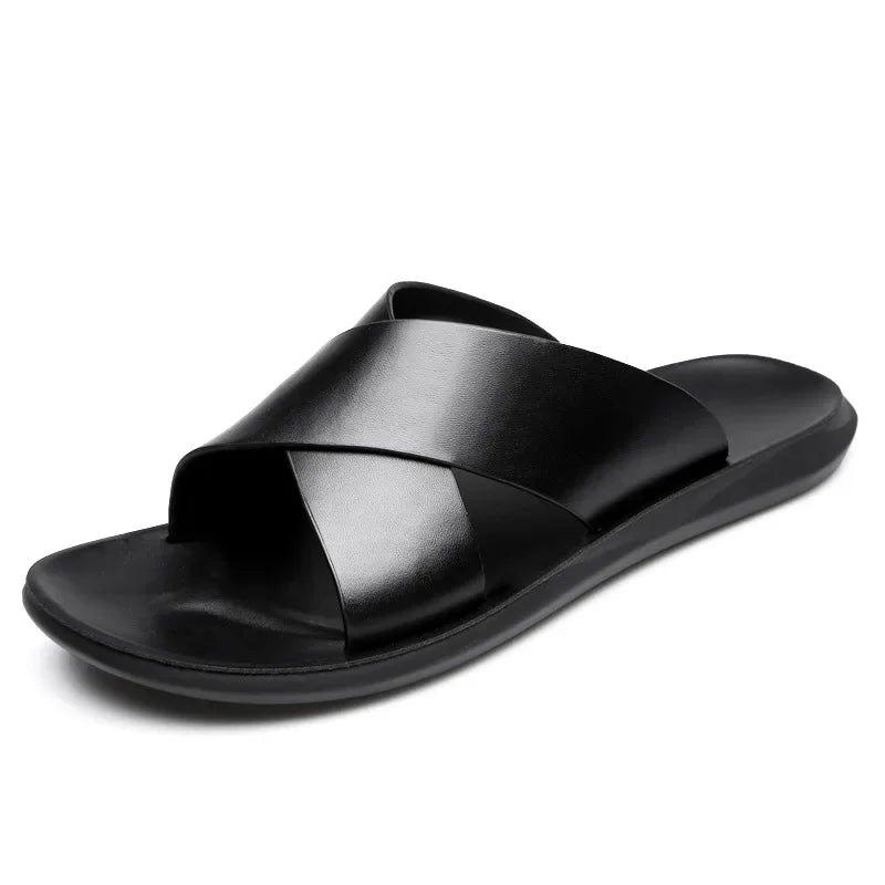 Men's genuine leather beach sandals by TrendLux Wear, non-slip casual flats with adjustable straps in size EU 38–50.
