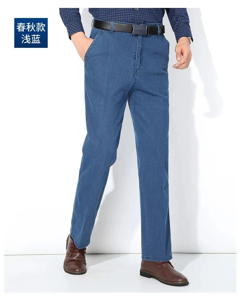Men's high-waist straight-leg cargo jeans by TrendLux Wear with elastic waistband, perfect for spring and summer casual wear.