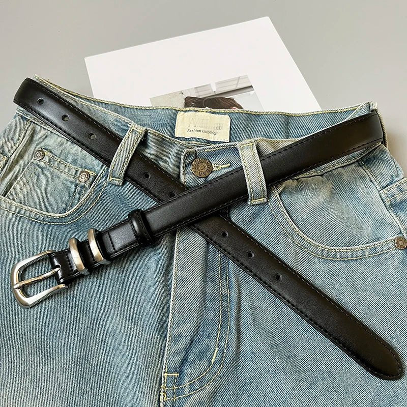 Women’s real leather jeans belt by TrendLux Wear featuring a sleek design and adjustable buckle.