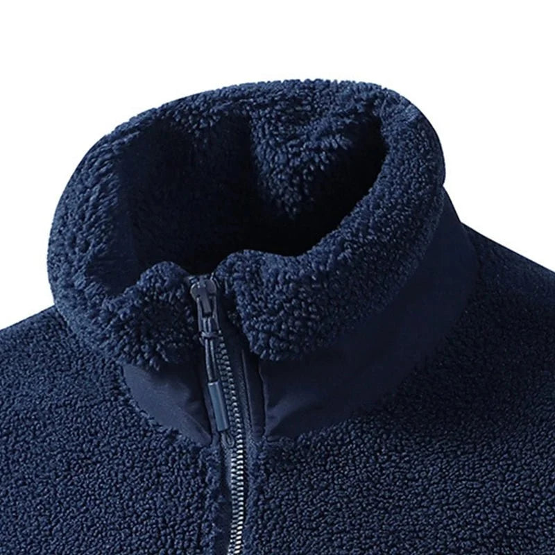 Men's vintage patchwork fleece zip-up jacket with stand collar, streetwear coat by TrendLux Wear, shown in dark color.