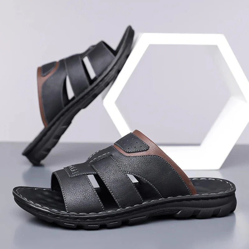 Men's handmade leather half-drag slippers by TrendLux Wear, lightweight outdoor slides in EU sizes 38–58, shown in black.