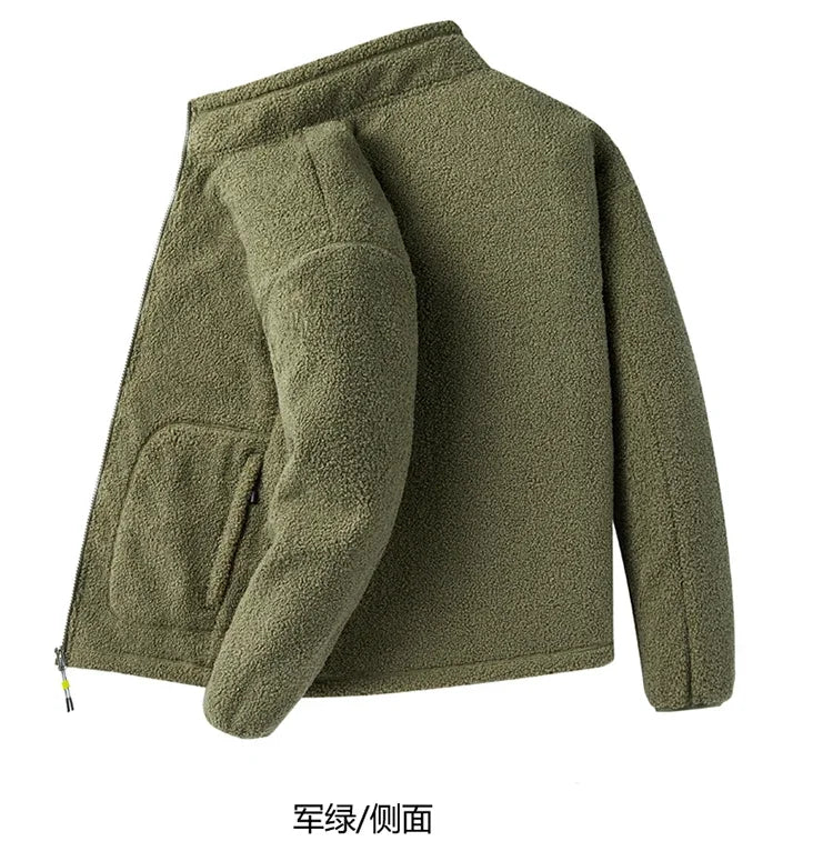 Men's loose fleece streetwear jacket with stand collar in plus sizes, stylish and comfortable by TrendLux Wear.