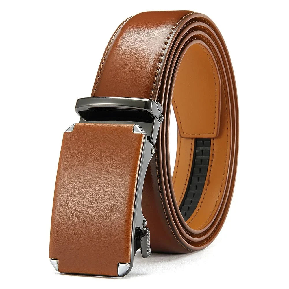Men's ratchet leather belt with automatic buckle and adjustable waistband, TrendLux Wear, 105–135cm length, stylish accessory.
