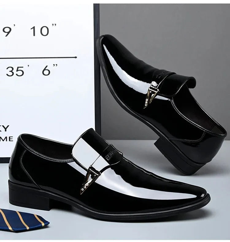 Men's black patent leather pointed toe loafers by TrendLux Wear, slip-on dress shoes for business casual and formal occasions.