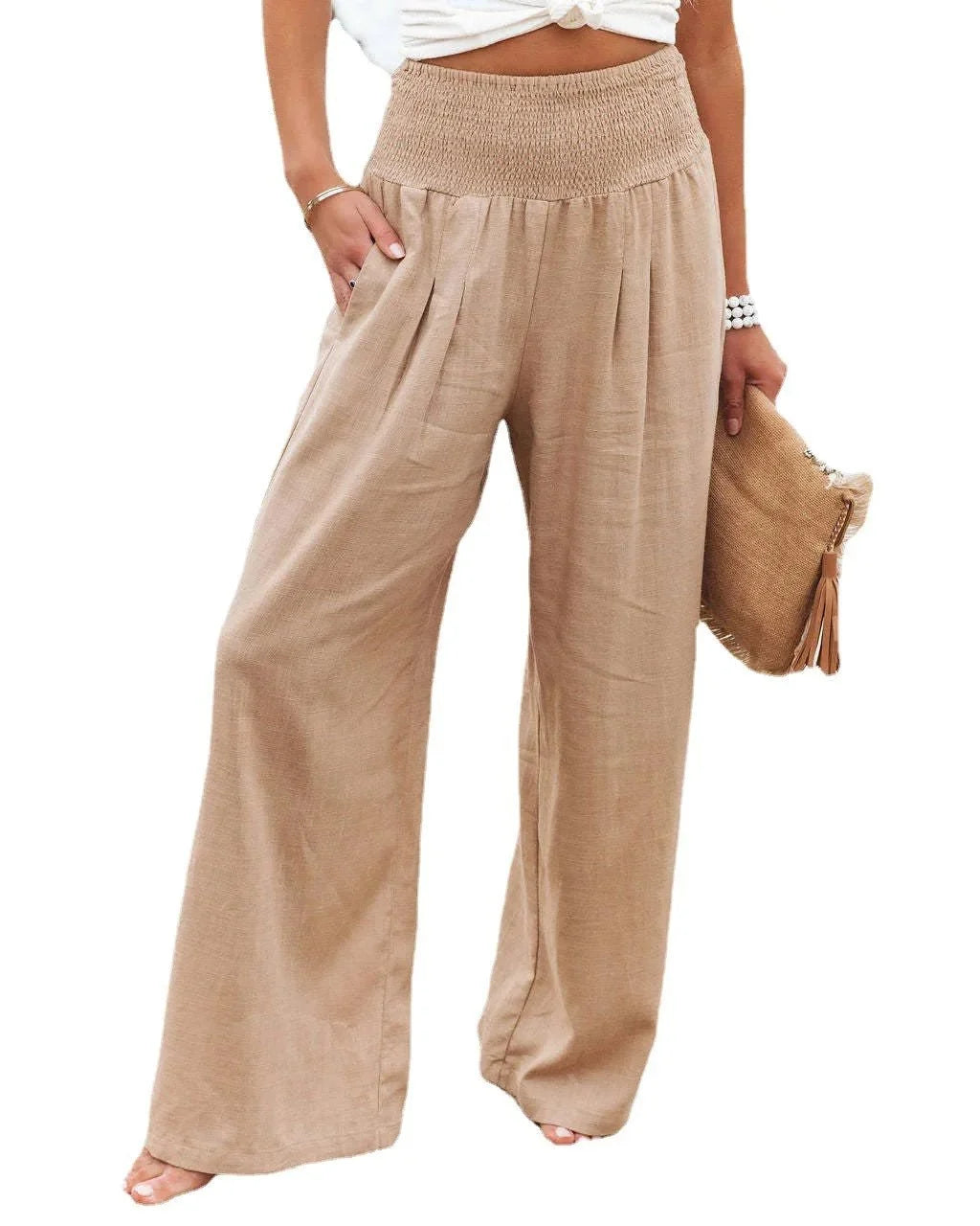 Women’s linen cotton casual trousers with elastic waist and wide-leg fit, stylish and comfortable from TrendLux Wear.