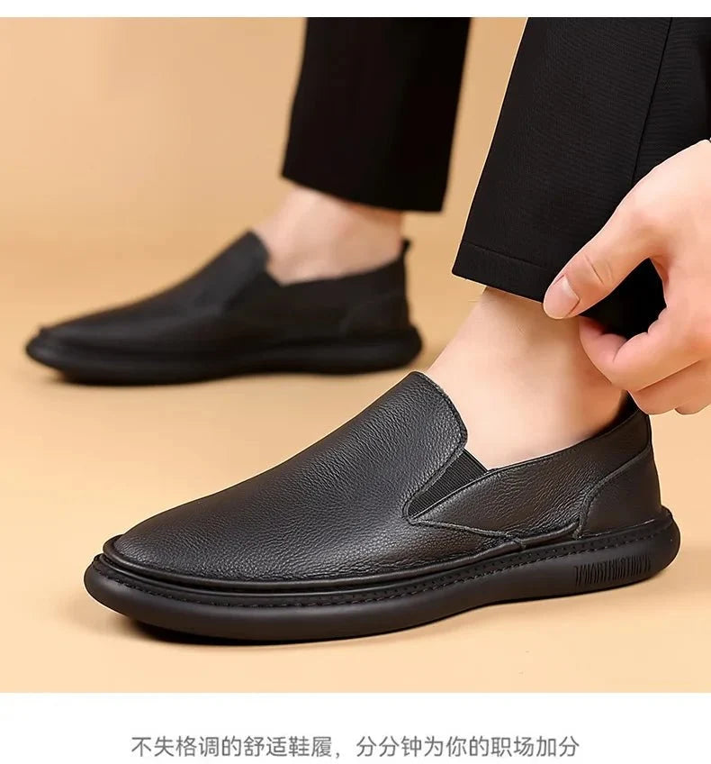 Men's genuine leather casual loafers by TrendLux Wear, breathable slip-on flat shoes in solid color with stylish design.