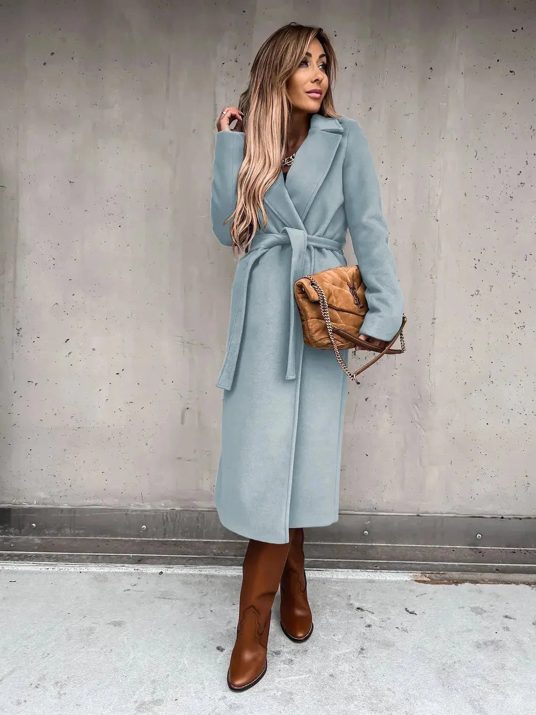 Women's solid woolen lapel coat from TrendLux Wear, stylish outerwear with a tailored fit and classic lapel design.