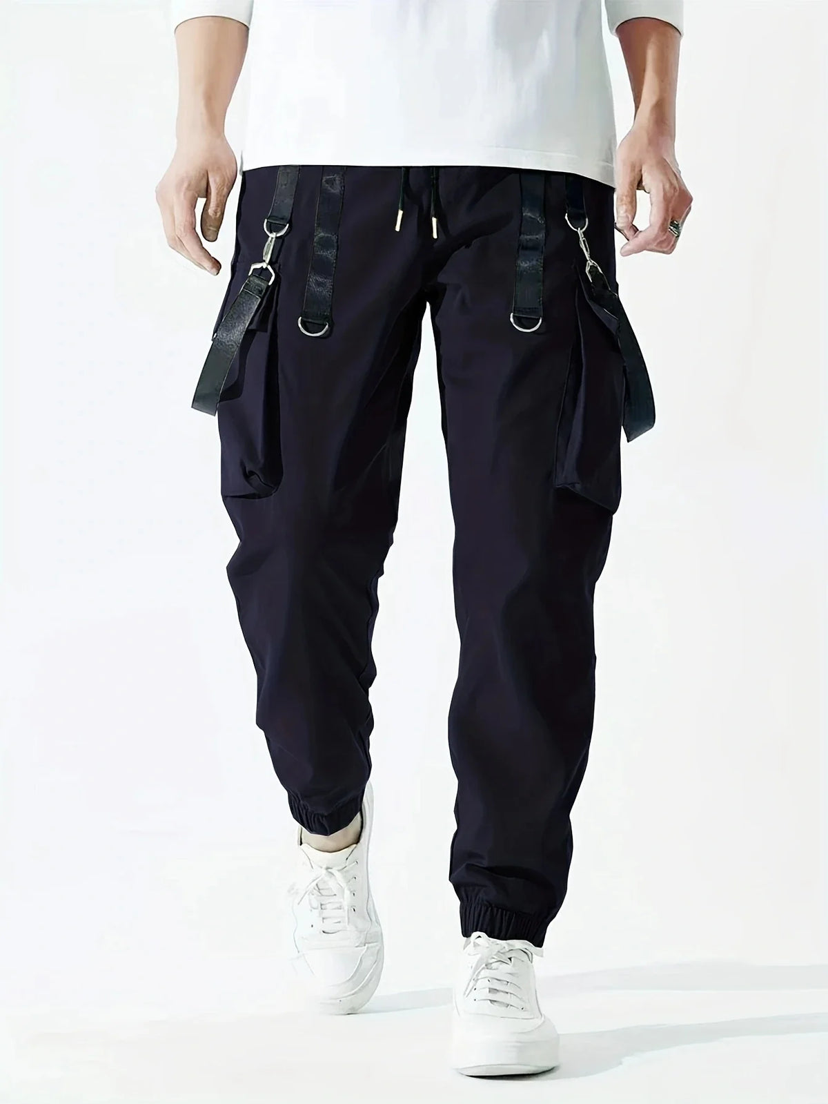 Men's Techwear cargo joggers by TrendLux Wear with multiple pockets and drawstring waist, available in six colors.