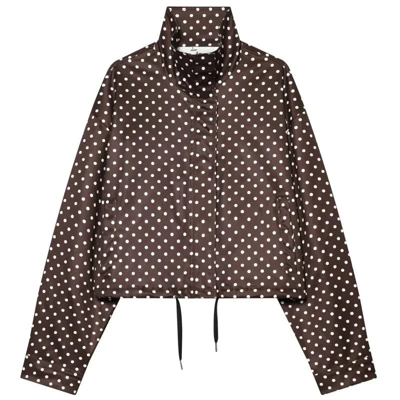TrenLux Wear women's polka dot bomber jacket with oversized fit, zip-up front, long sleeves, and aviator style for demi-season wear.