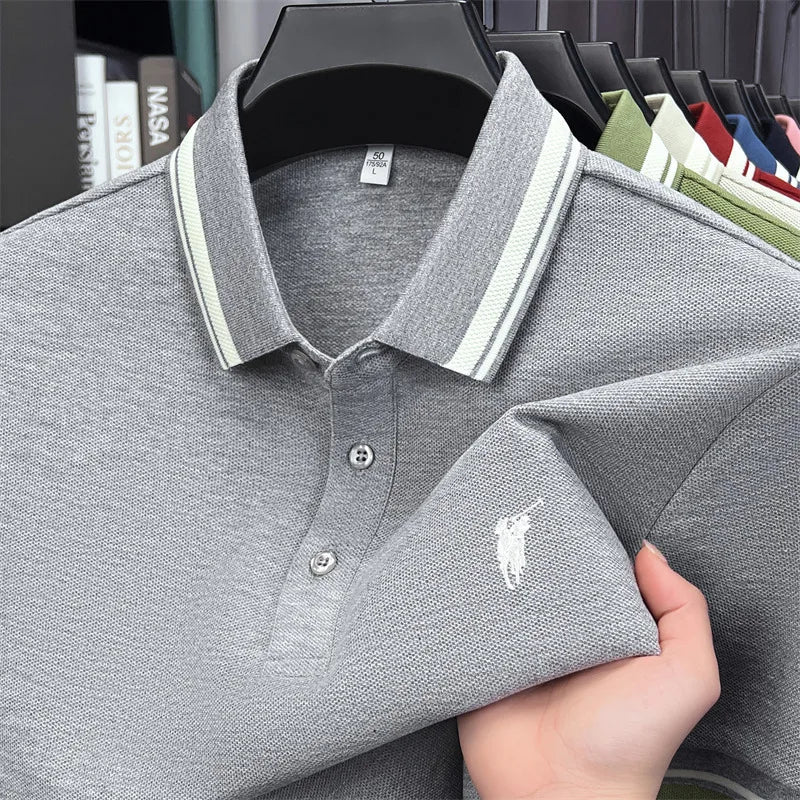 Gray short sleeve polo shirt with white and green striped collar, featuring a pony embroidery on the chest.