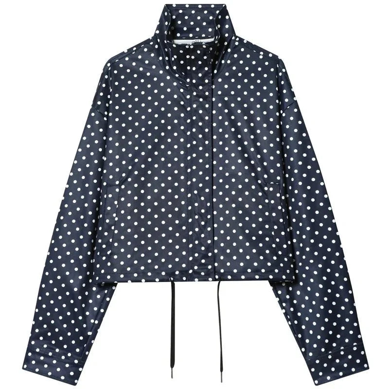 TrenLux Wear women's polka dot bomber jacket with oversized fit, long sleeves, zip closure, and aviator style for demi-season outerwear.