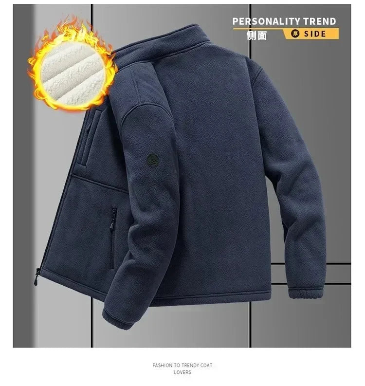 Men's fleece-lined hooded winter jacket by TrendLux Wear, zip-up casual coat in plus sizes S-6XL, shown in navy blue.