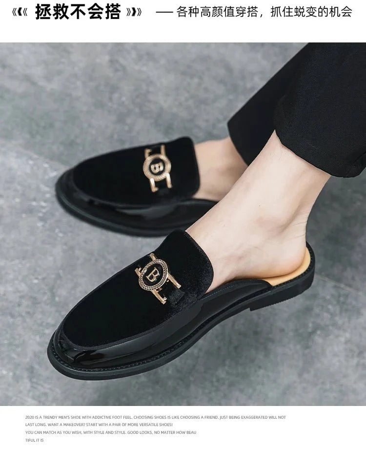 Men's black faux suede slip-on mules by TrendLux Wear, breathable casual loafers, summer flats in EU sizes 35-47.