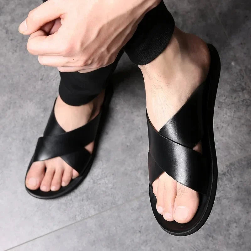 Men's genuine leather beach sandals by TrendLux Wear, casual non-slip flats in EU sizes 38 to 50, showing the sandal's design and straps.