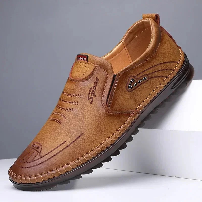 Men's handmade PU leather moccasin sneakers by TrendLux Wear, featuring a soft sole and breathable casual business loafer design.
