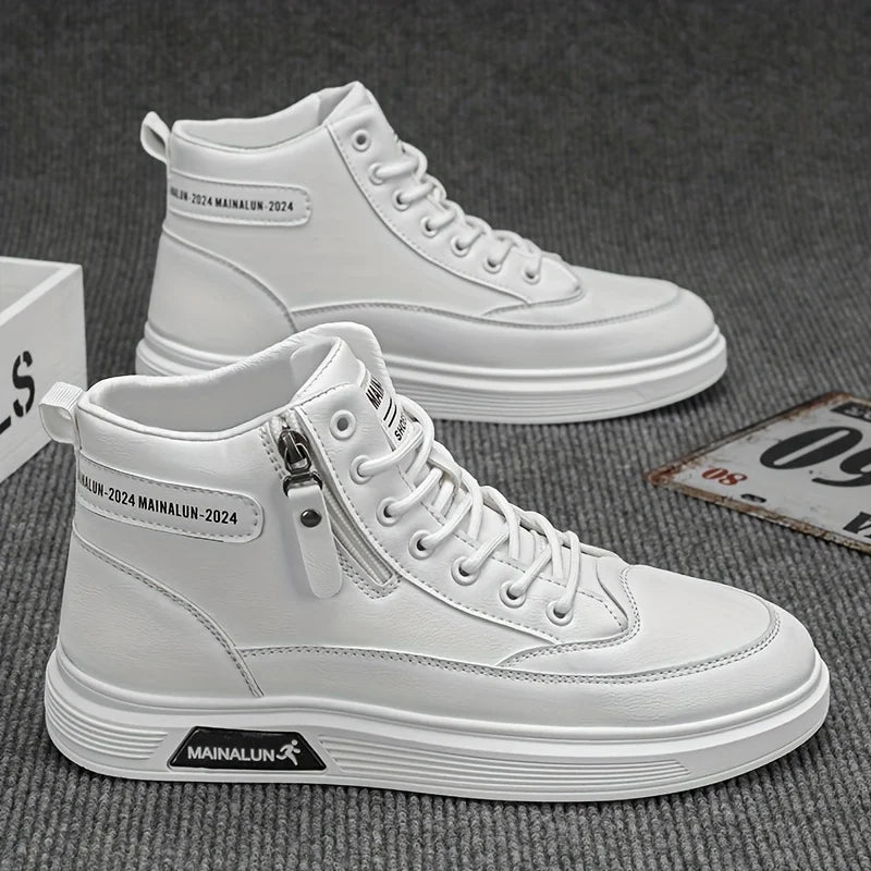 Men's high-top sneakers by TrendLux Wear with breathable mesh, lace-up design, side zip, in white and black color.