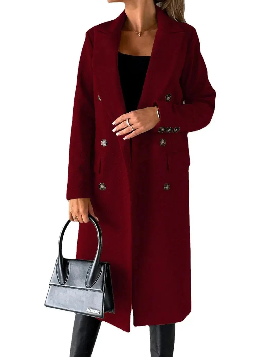 Women's retro double-breasted woollen coat by TrendLux Wear, shown in classic style with tailored fit and warm wool fabric.