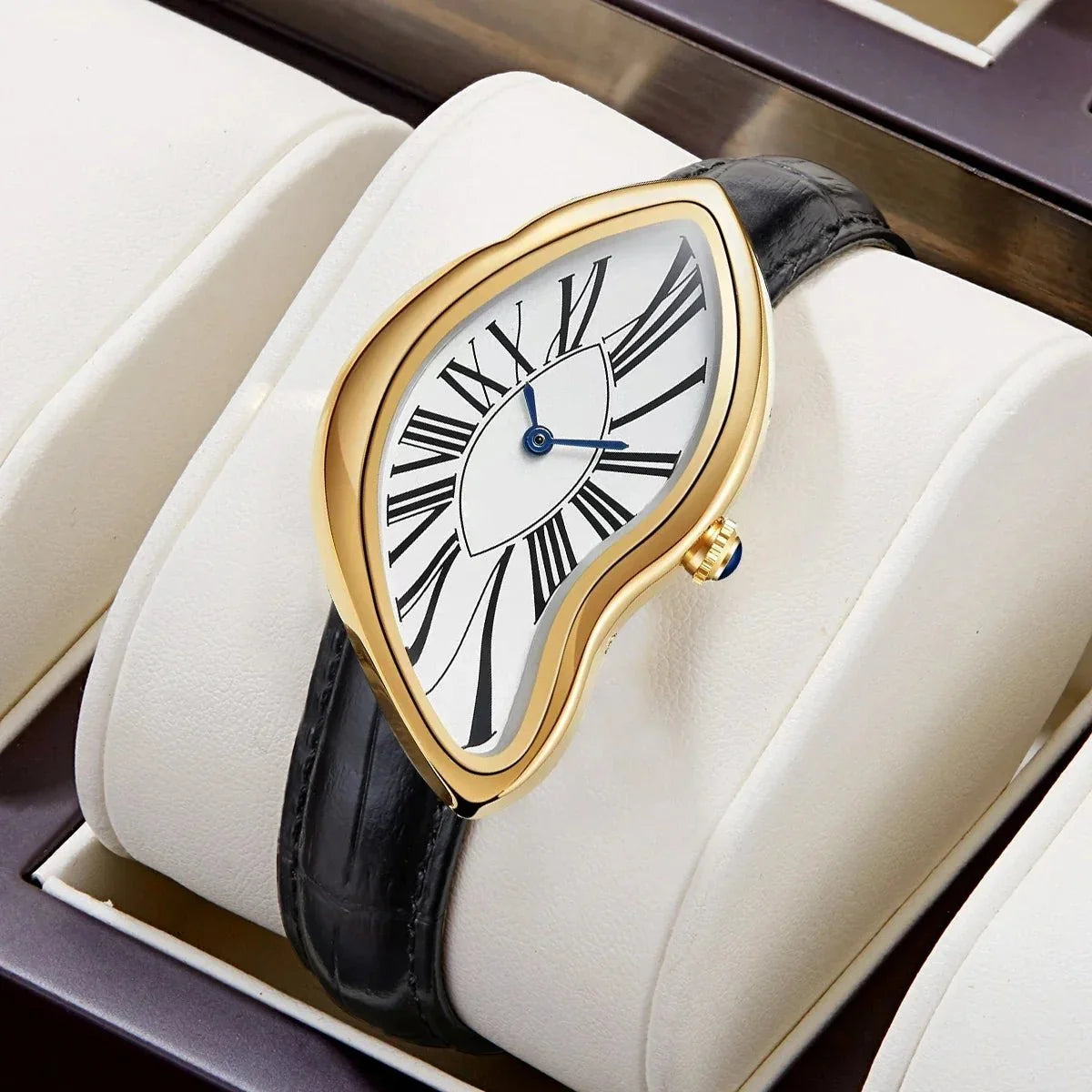 Women's retro Y2K style quartz watch with irregular alloy case and leather strap by TrendLux Wear.