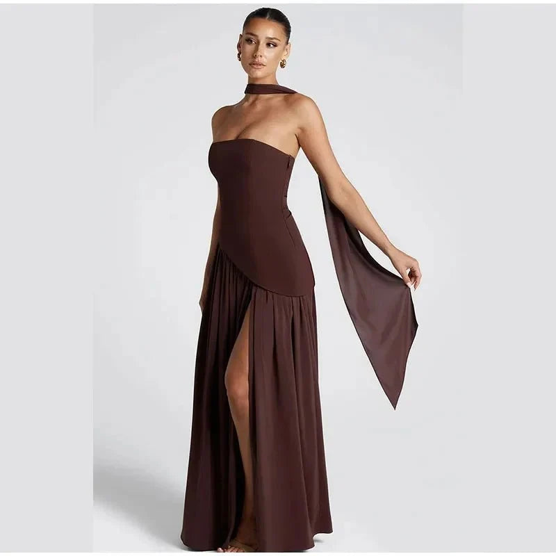Women's Strapless Backless Maxi Dress with Ribbon Scarf - TrendLux Wear
