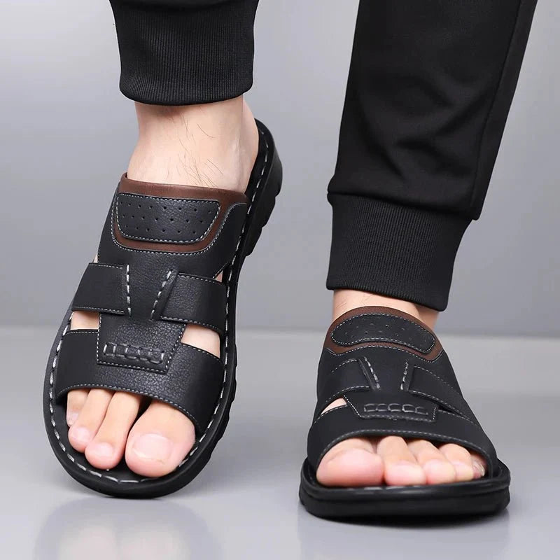 Men's handmade leather half-drag slippers by TrendLux Wear, lightweight outdoor slides in EU sizes 38-58, showing soft leather straps.