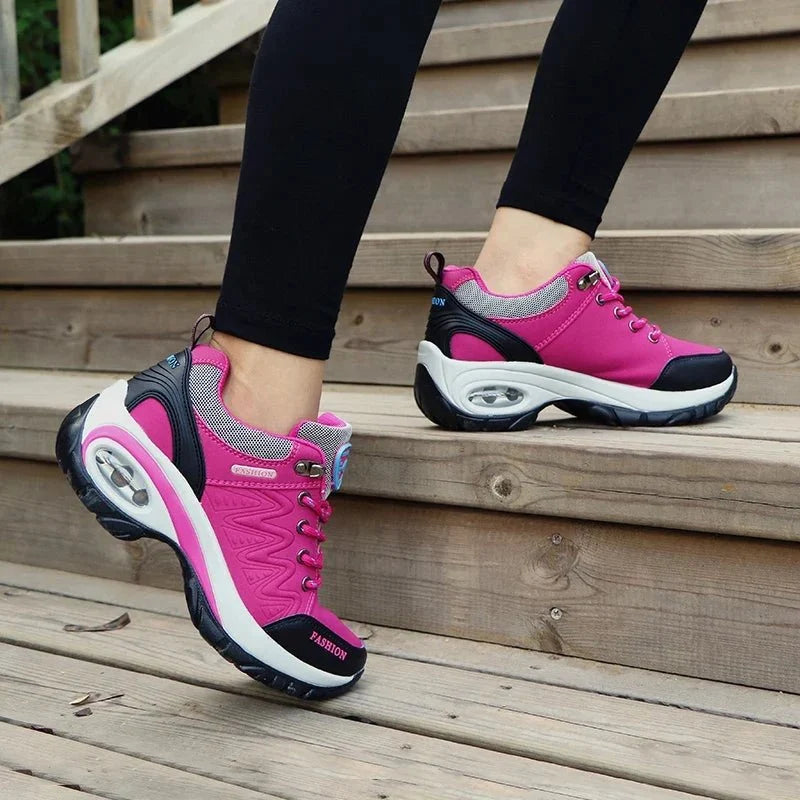 Women's breathable PU-EVA platform lace-up sneakers by TrendLux Wear, showcasing stylish, comfortable walking footwear with thick soles.