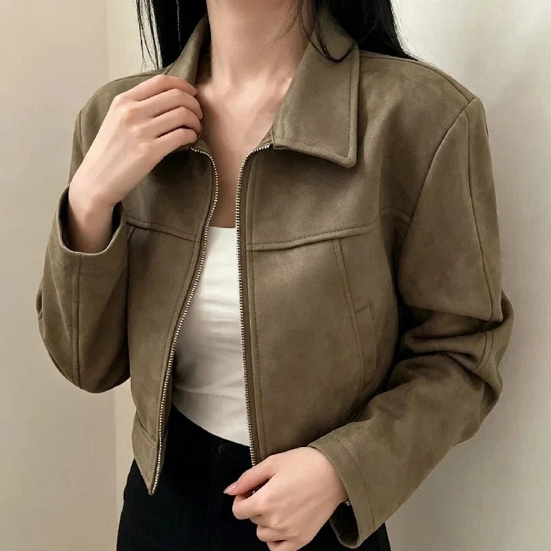 Women's retro lapel zip jacket from TrendLux Wear featuring slim fit patchwork design, short coat style, ideal for spring and fall.