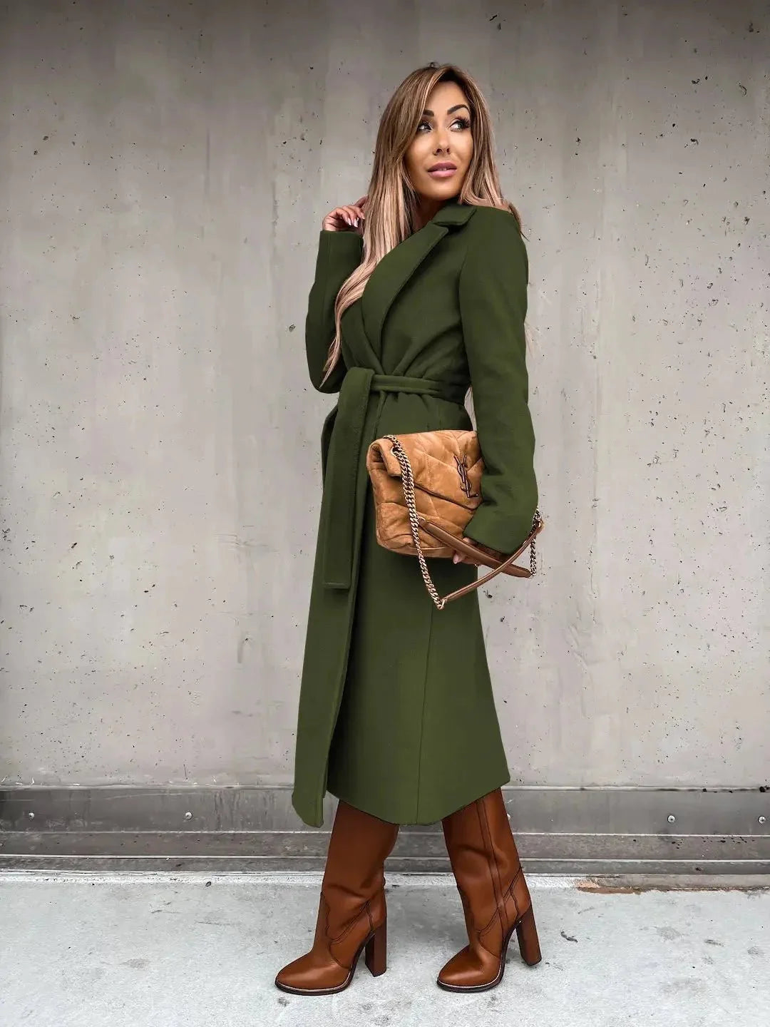 Women's solid woolen lapel coat by TrendLux Wear, stylish outerwear with a classic design and tailored fit.
