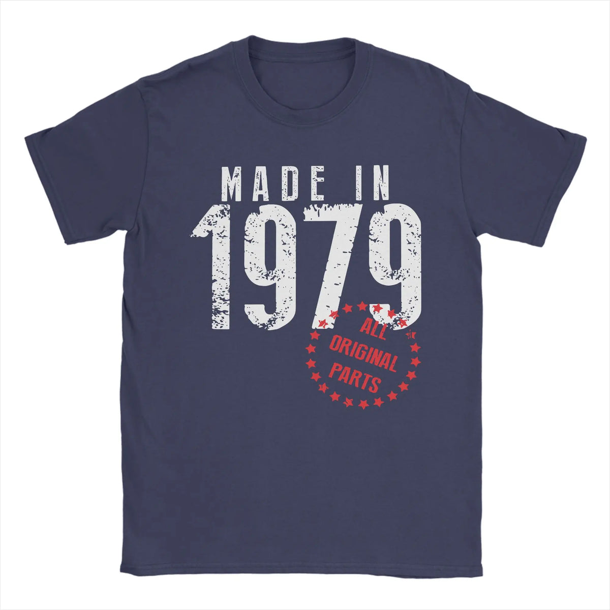 Men's vintage 1979 birthday T-shirt by TrendLux Wear, 100% cotton graphic tee in khaki, burgundy, or army green.