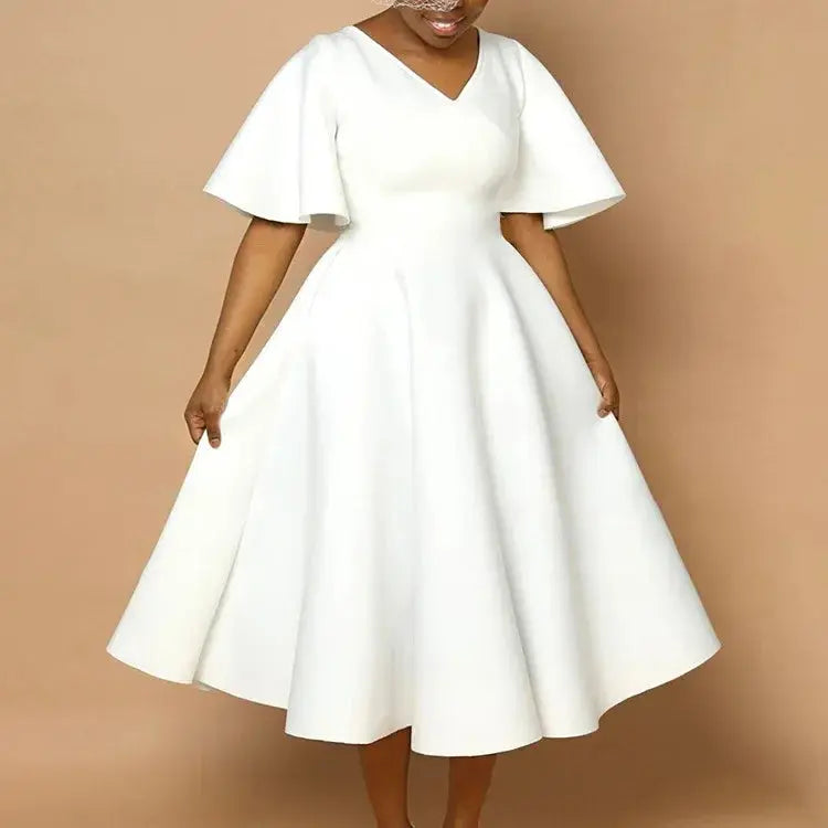TrenLux Wear Women's Polyester High Waist Flare Sleeve Pleated A-Line Midi Dress The Glow Sanctuary
