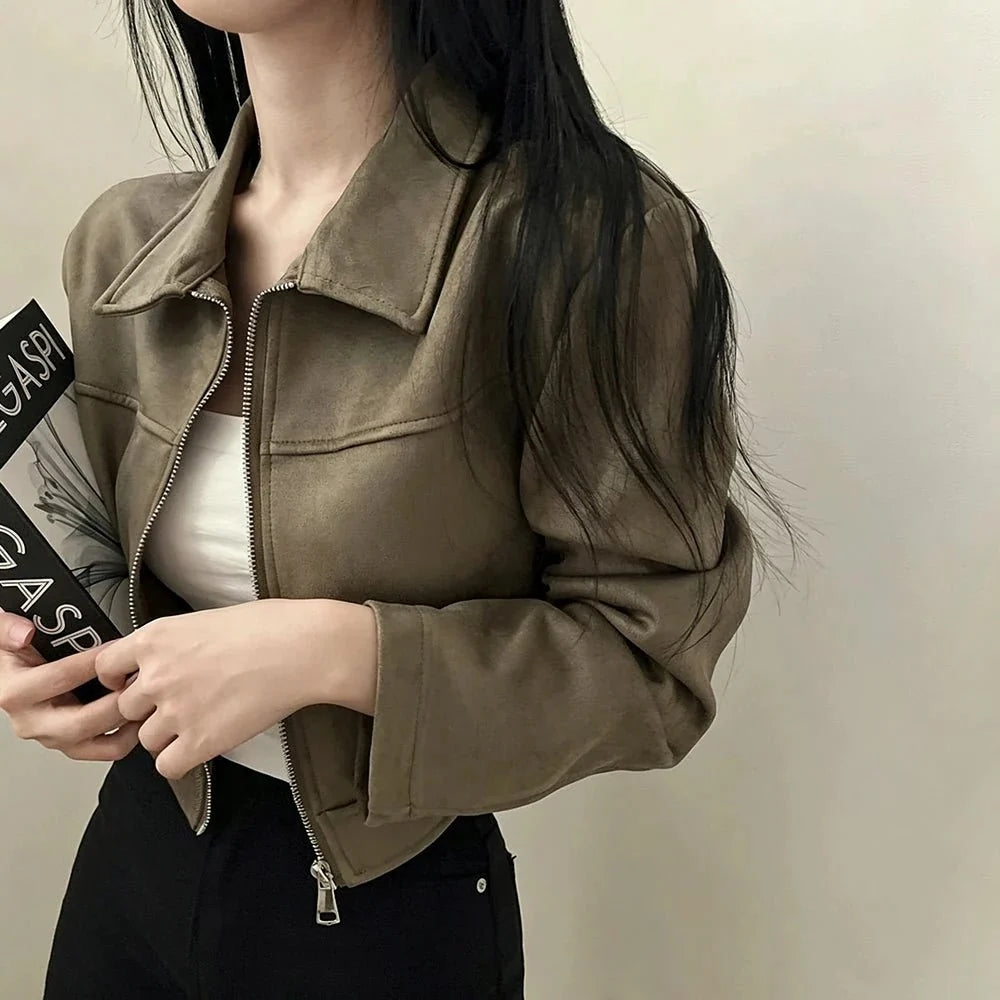 Women's retro lapel zip jacket by TrendLux Wear, slim fit patchwork short coat, perfect for spring and fall office outerwear.
