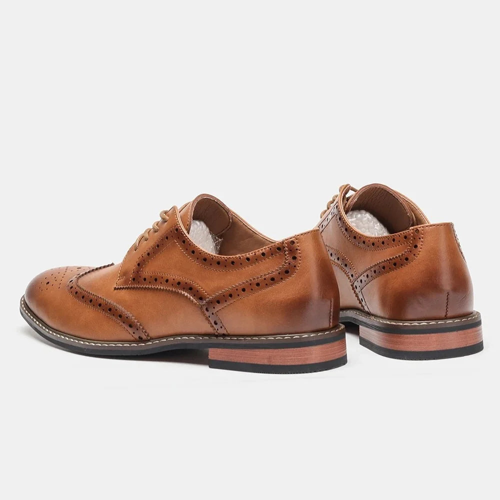 Men's black and brown leather lace-up brogue dress shoes by TrendLux Wear, formal business Oxfords with detailed perforations.