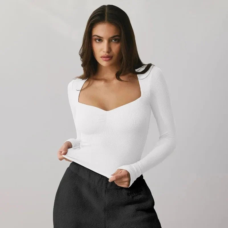 Women's Y2K square neck long-sleeve top by TrendLux Wear, slim fit viscose blend t-shirt in fall winter style.
