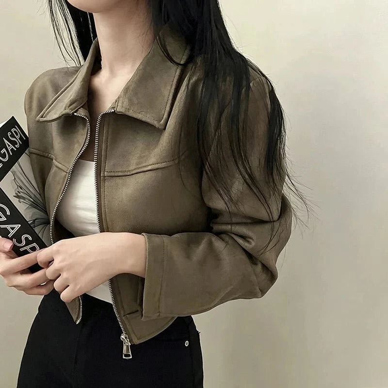 Women's retro lapel zip jacket by TrendLux Wear, slim fit patchwork short coat for spring and fall office outerwear.