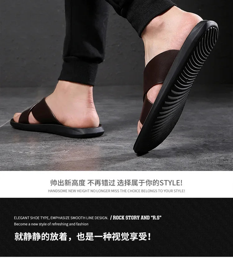 Men's genuine leather beach sandals by TrendLux Wear, non-slip casual flats with open toe design in size EU 38–50.