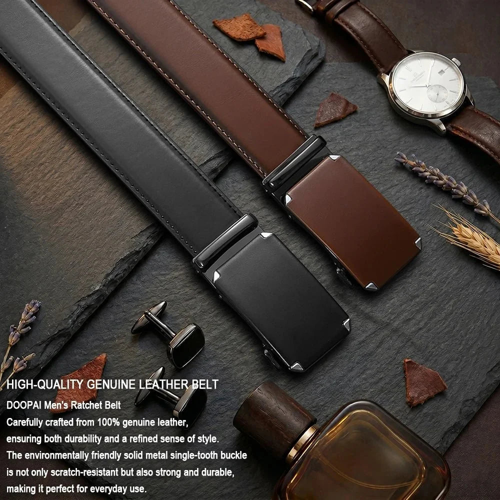 Men's leather ratchet belt with automatic buckle from TrendLux Wear, adjustable waistband, and 105–135cm length.