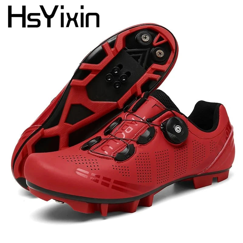 Men's MTB cycling shoes by TrendLux Wear, featuring black and red design with secure straps and rugged soles for mountain biking.
