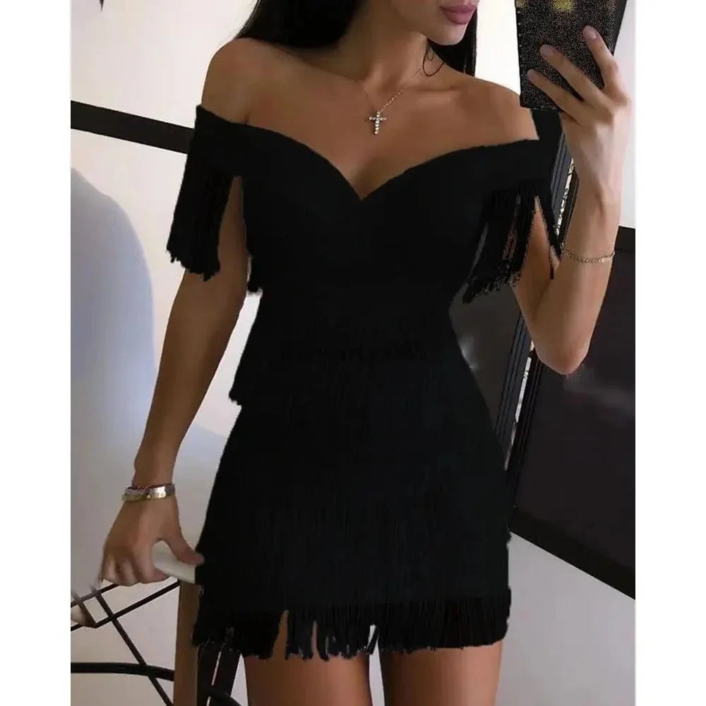 The Glow Sanctuary fringed one-shoulder mini dress with a stylish design, perfect for night out occasions.