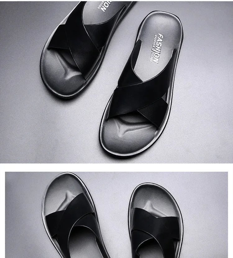 Men's genuine leather beach sandals by TrendLux Wear, non-slip casual flats in EU sizes 38-50, featuring a comfortable strap design.