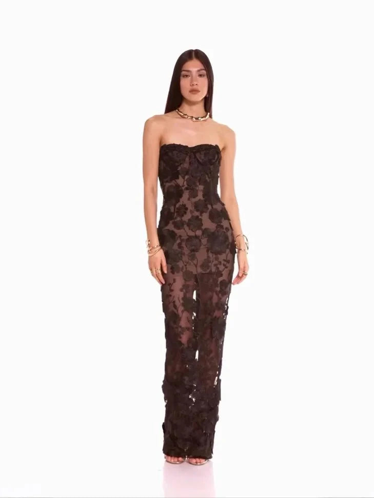 Floral Appliqué Strapless Sweetheart Evening Gown - TrendLux Wear