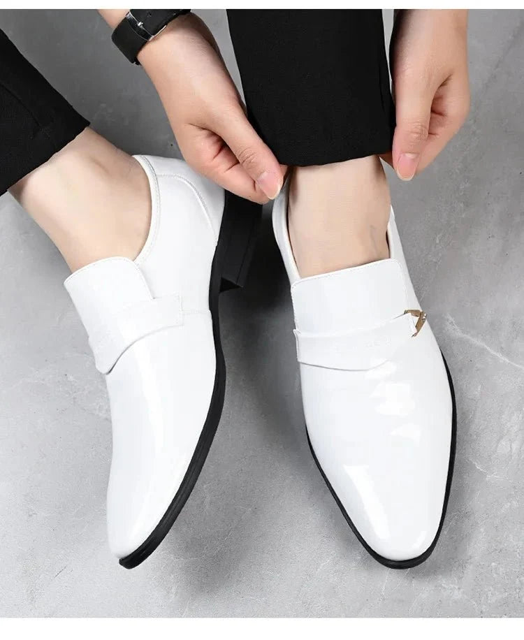 Men's black patent leather pointed toe loafers by TrendLux Wear, slip-on dress shoes with a sleek, polished finish and classic business style.