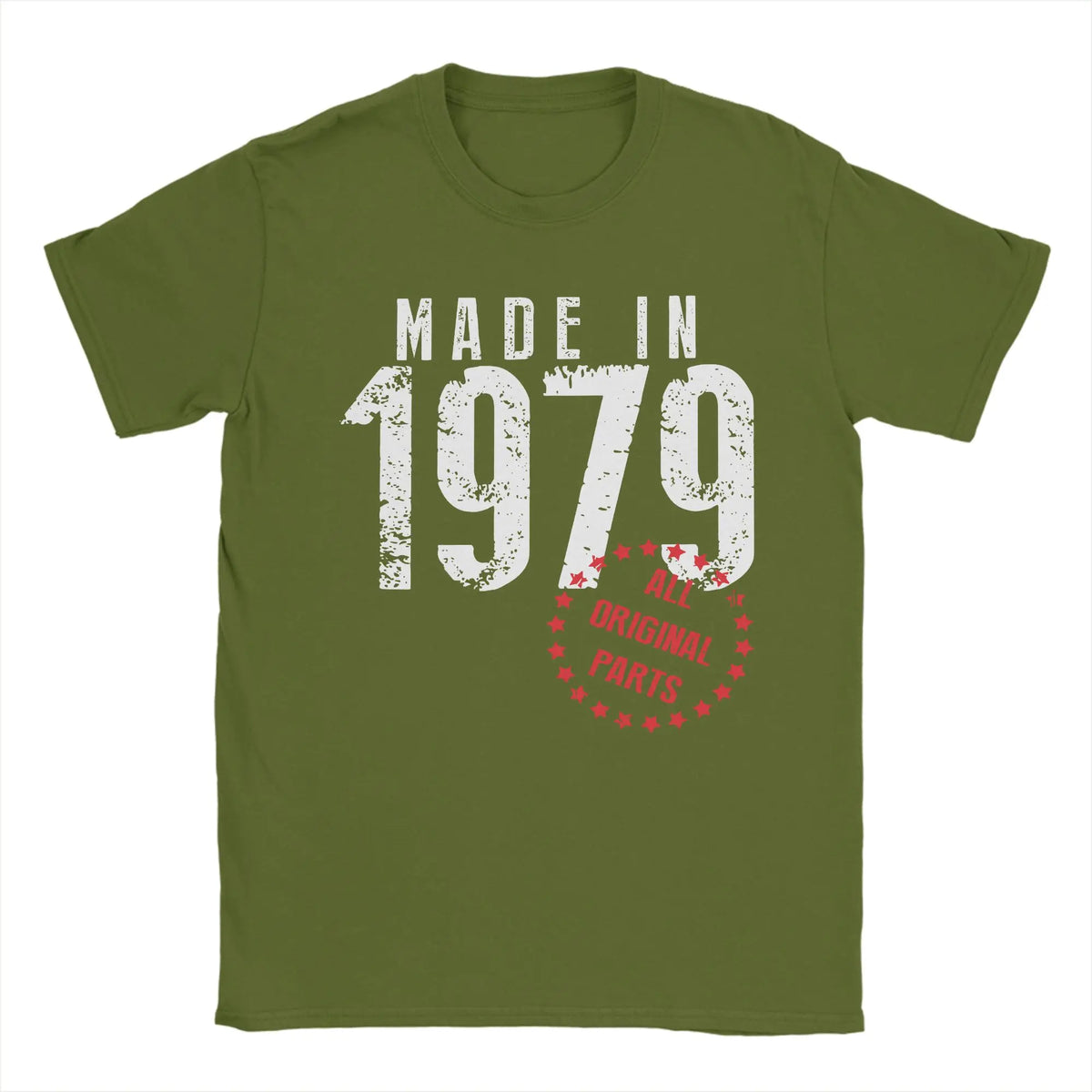 Men's vintage 1979 birthday T-shirt from TrendLux Wear in khaki, burgundy, or army green, featuring a graphic design on 100% cotton.