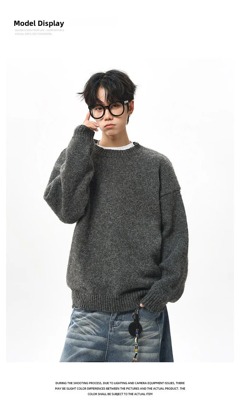Men's oversized round neck pullover sweater from TrendLux Wear in warm polyester knit, available in three colors.