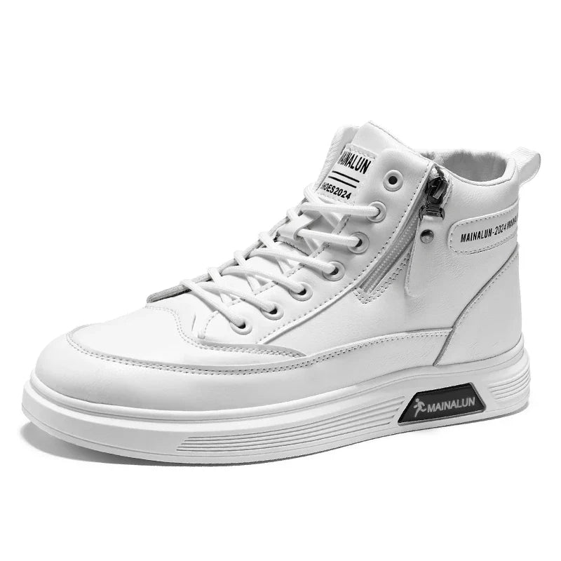 Men's high-top sneakers by TrendLux Wear, white and black with breathable mesh, lace-up design, and side zipper detail.