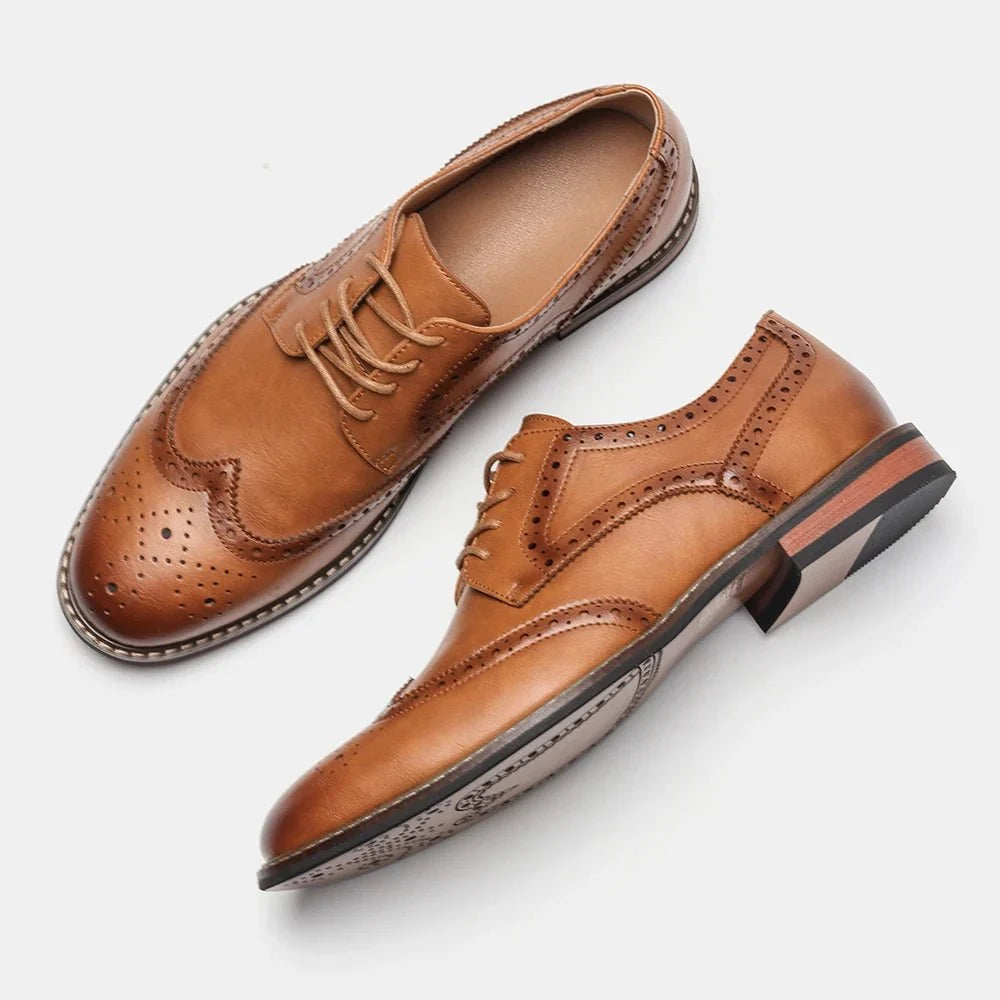 Men's black and brown leather lace-up brogue dress shoes from TrendLux Wear, formal business oxfords with detailed perforations.