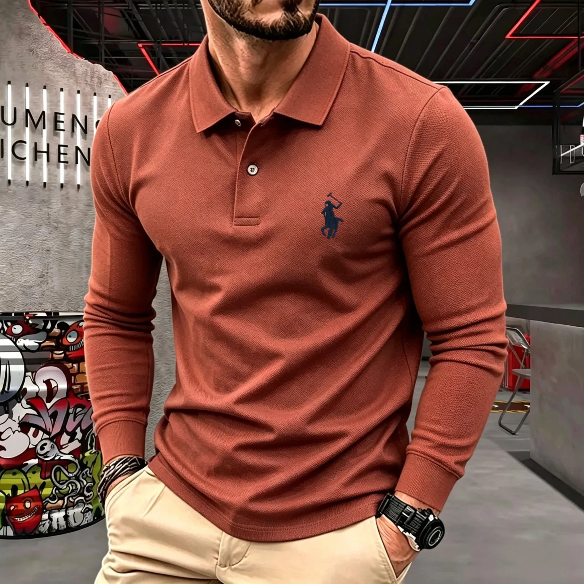 Men's Cotton Long-Sleeve Polo Shirt